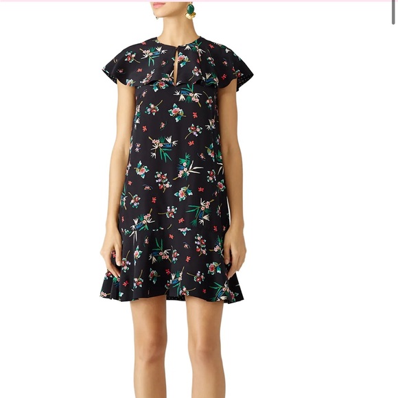 RED Valentino Dresses & Skirts - RED VALENTINO CAPE-SLEEVED Black Floral Bouquet Dress Silk Dress